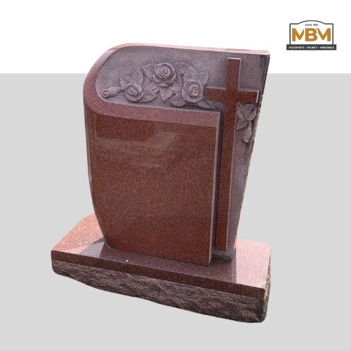 30" x 8" x 36" Indian Red Fully Polished Monument with Cross and Roses Carving (D5)