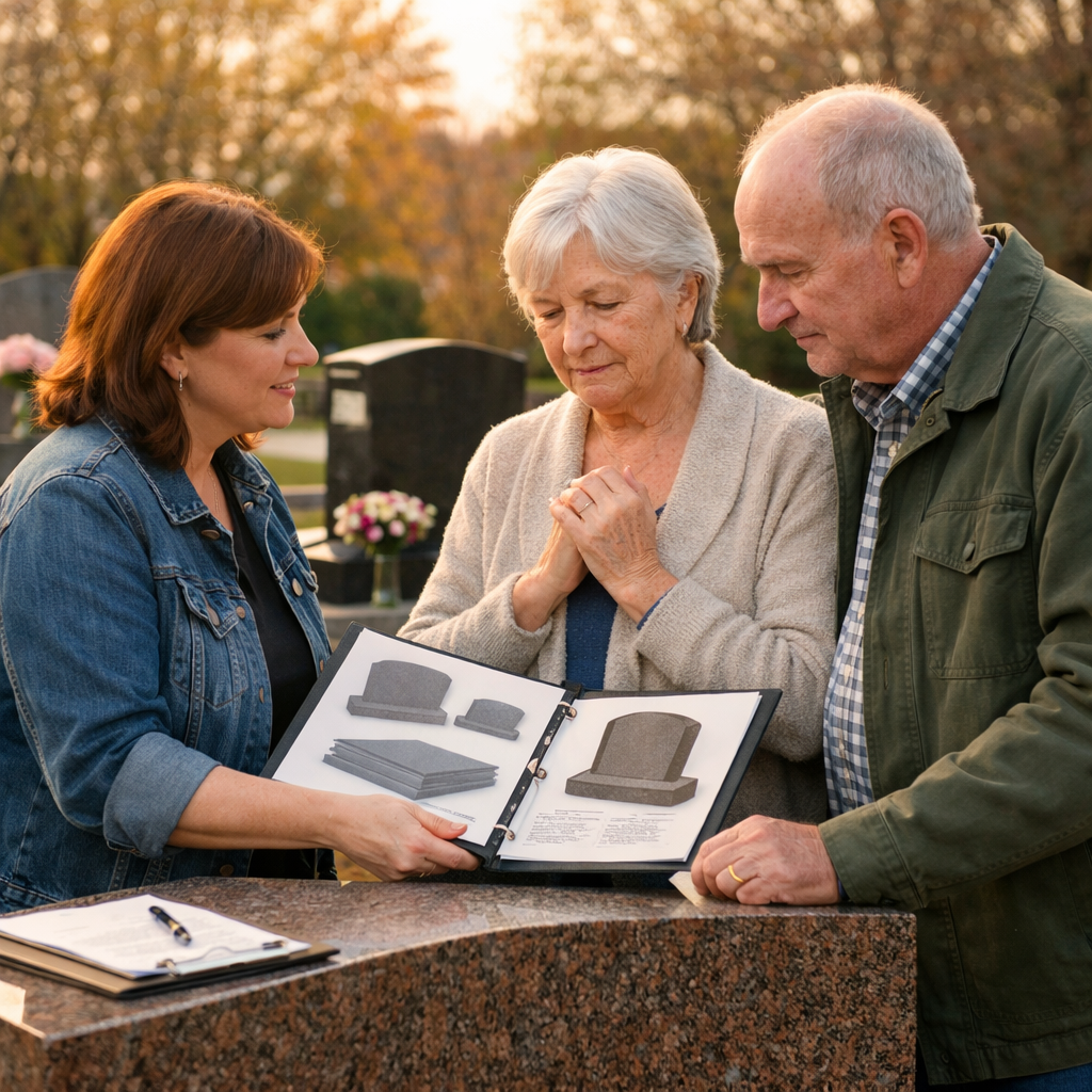Family discussing final wishes and pre-planning headstones and memorial arrangements in Cornwall Ontario