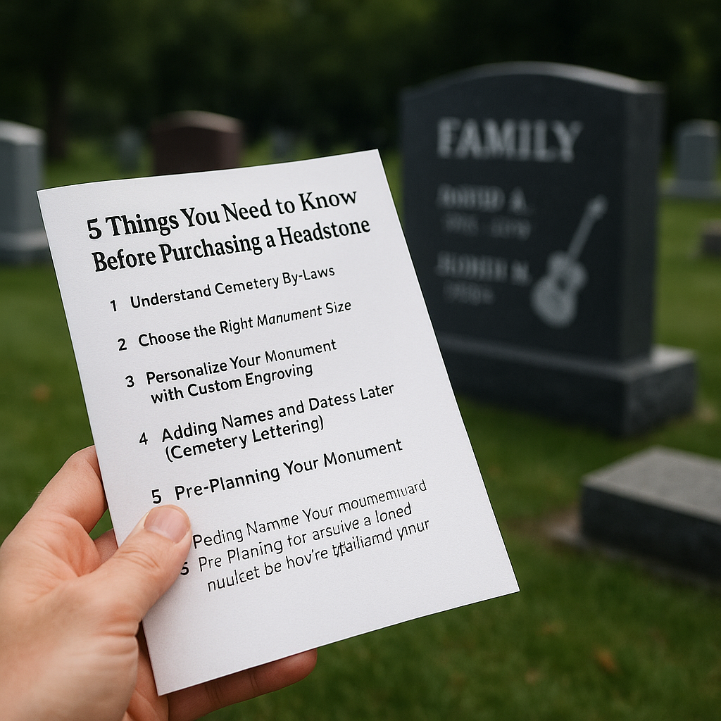 Person holding a brochure titled '5 Things You Need to Know Before Purchasing a Headstone' in a peaceful cemetery with granite headstones in the background, including one with a family name and custom engraving