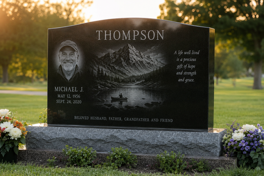**Alt text:**  Custom black granite upright headstone with a laser-etched portrait, mountain landscape engraving, and personalized inscription in a peaceful cemetery surrounded by flowers and mature trees at sunset.