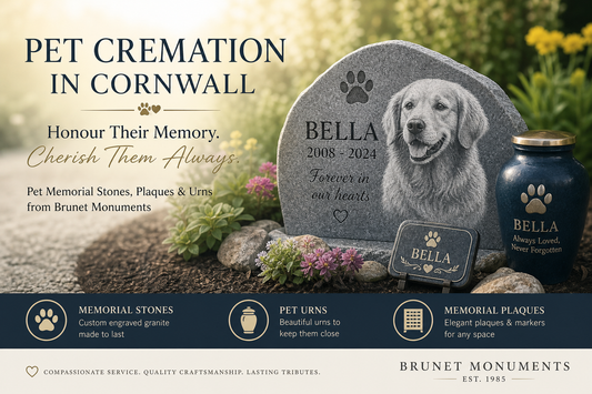 Pet cremation memorial in Cornwall featuring a custom granite pet headstone with engraved dog portrait, a personalized plaque, and a decorative pet urn displayed in a peaceful garden setting.