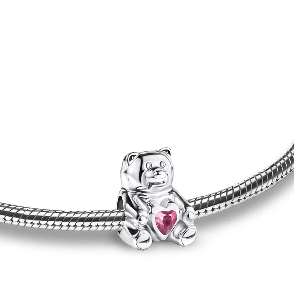 Bead: CuddleBear - Rhodium Plated w/Pink Crystal