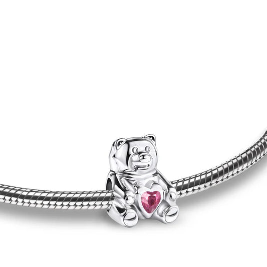 Bead: CuddleBear - Rhodium Plated w/Pink Crystal