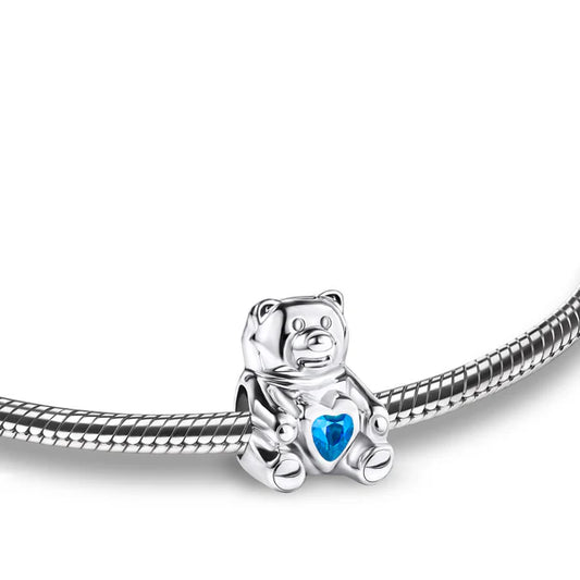 Bead: CuddleBear - Rhodium Plated w/Blue Crysta