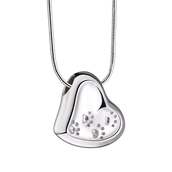 Pendant: Leaning Heart w/Paw Prints - Rhodium Plated