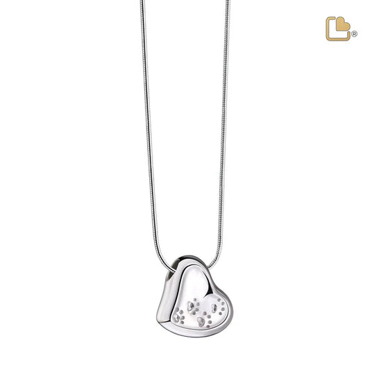 Pendant: Leaning Heart w/Paw Prints - Rhodium Plated