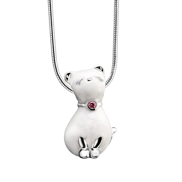 Pendant: Princess Cat Pearl - Enamel Rhodium Plated w/Pink Swarovski Crystal