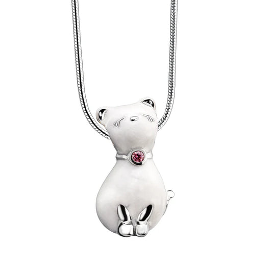 Pendant: Princess Cat Pearl - Enamel Rhodium Plated w/Pink Swarovski Crystal