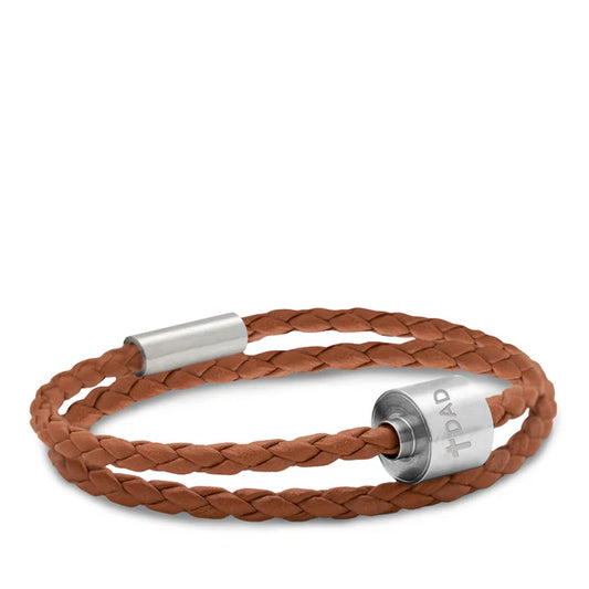 Memento Bracelet: Braided Leather Brushed Ashes Bead Cognac (XL)