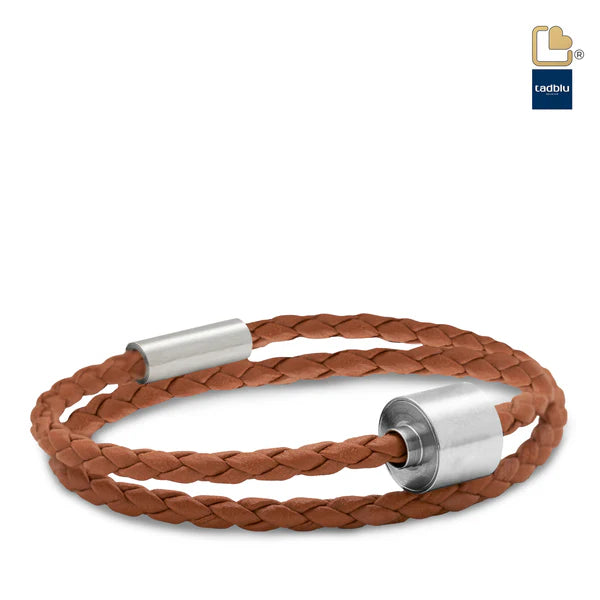 Memento Bracelet: Braided Leather Brushed Ashes Bead Cognac (XL)
