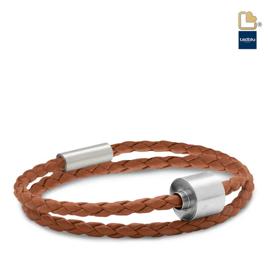 Memento Bracelet: Braided Leather Brushed Ashes Bead Cognac (XL)