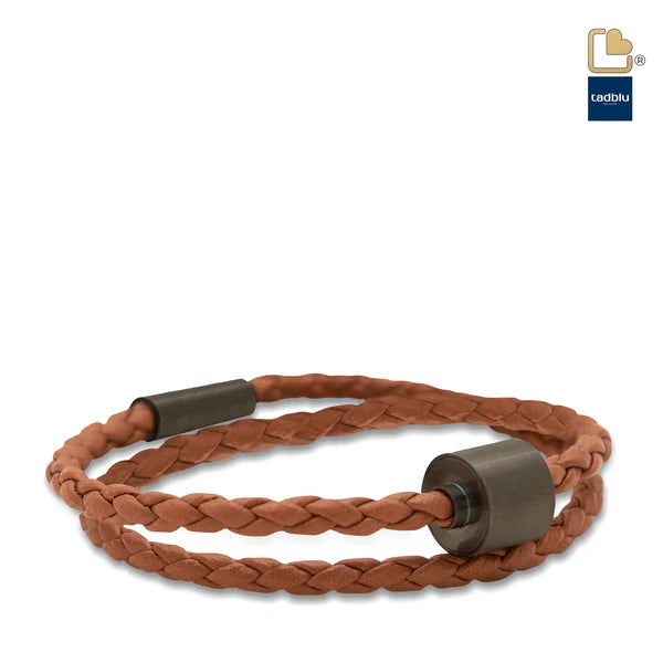 Memento Bracelet: Braided Leather Black Ashes Bead Cognac (L)